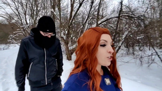 She bared her breasts in front of a passerby in a winter park and teased his cock with her juicy lip