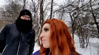 She bared her breasts in front of a passerby in a winter park and teased his cock with her juicy lip